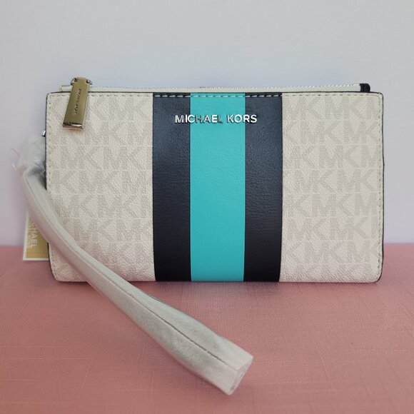 MICHAEL KORS Jet Set Double Zip Signature Phone Wristlet- Ocean Blue Multi 🎈⭐ - Picture 3 of 16